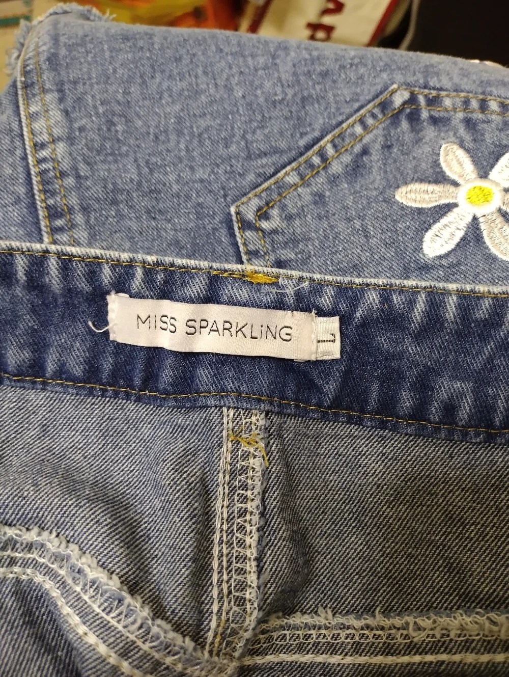 Miss Sparkling Boho/Hippie Embroidered Daisy Peace Sign Blue Denim Mini Skirt - Picture 3 of 6